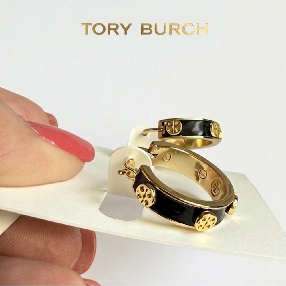 Tory Burch Black and Gold Logo Hoop Earrings